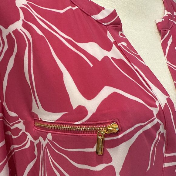 I.N.C. Pink Floral Blouse Size 3X Pink Long Sleeve Collared V Neck Zipper Faux - Picture 2 of 8